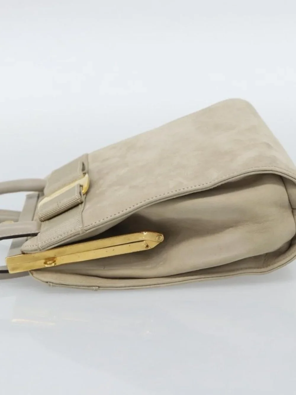 Salvatore Ferragamo Vala Hand Bag Suede Beige Gold Auth ka4791